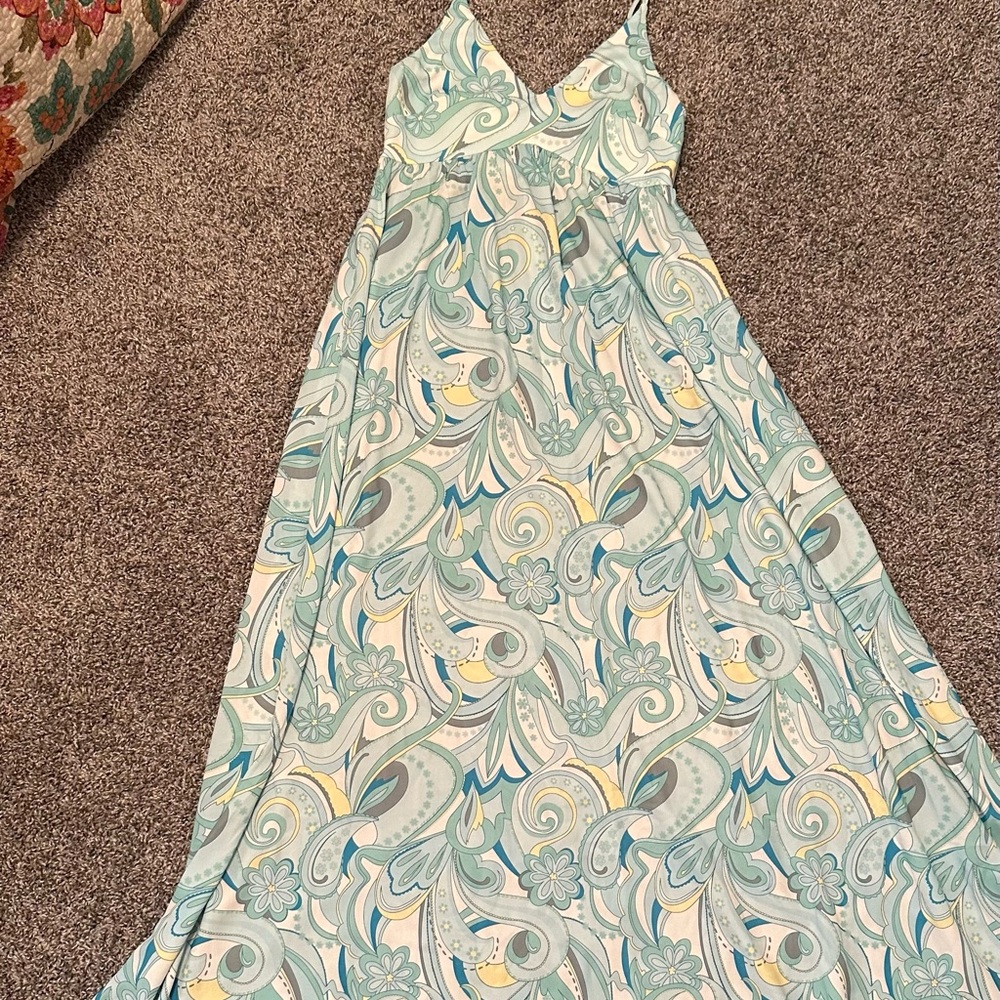 Blue Rain Aqua and Yellow Swirl Maxi Dress
